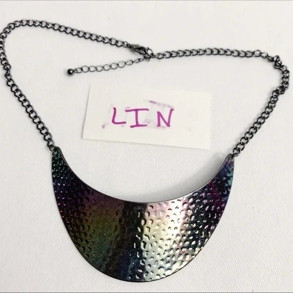 Pearlescent Stamped Metal Crescent Collar Necklace - Picture 8 of 9